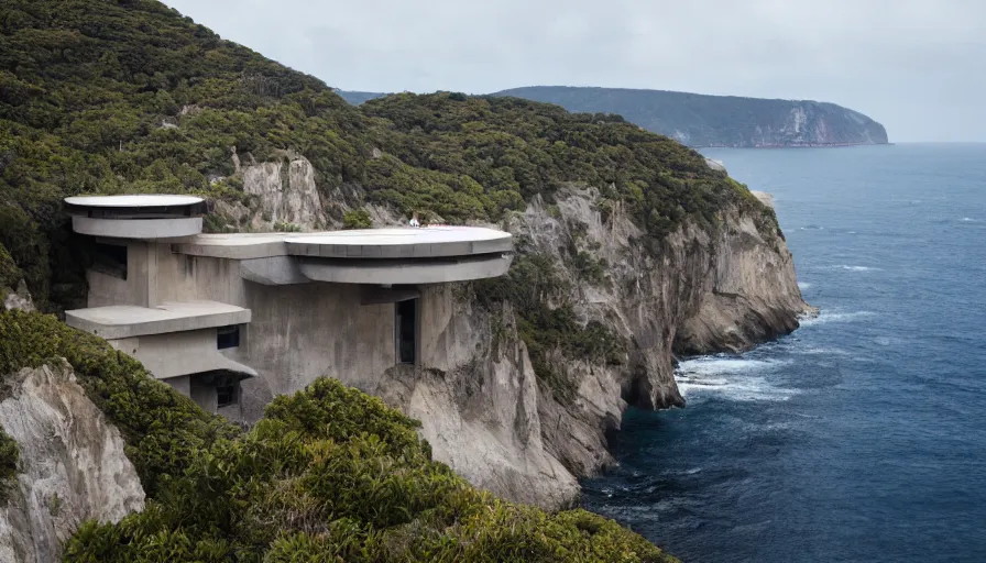 Image similar to bond villain base perched on a cliff overlooking a magnificient bay, brutalism architecture on cliffs, drawing architecture, pritzker architecture prize, greig fraser