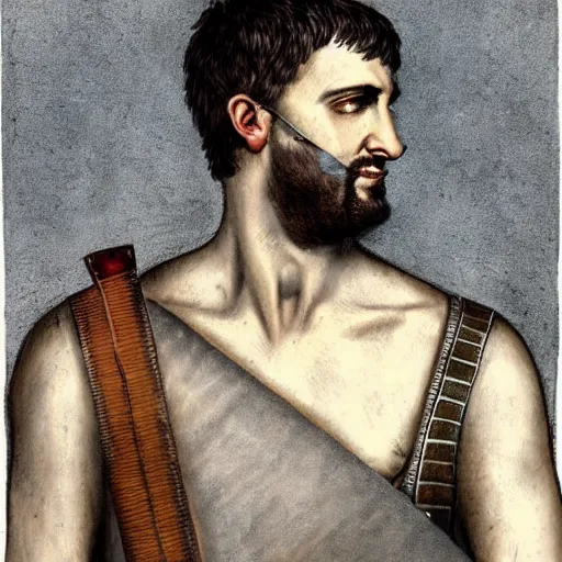 Prompt: self portrait, roman man with battle scar on his chest holding his sword on his shoulder, pencil art, detailed, handsome, colored, bloody