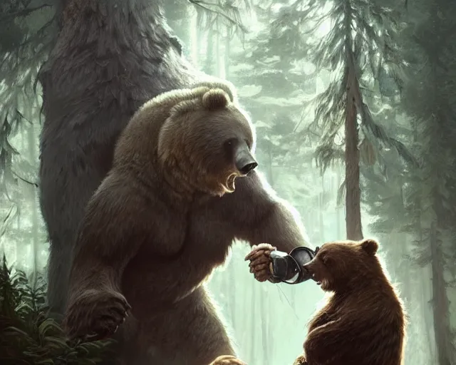 Image similar to old man, in the woods, arm wrestling, a bear, deep focus, d & d, fantasy, intricate, elegant, highly detailed, digital painting, artstation, concept art, matte, sharp focus, illustration, hearthstone, art by artgerm and greg rutkowski and alphonse mucha