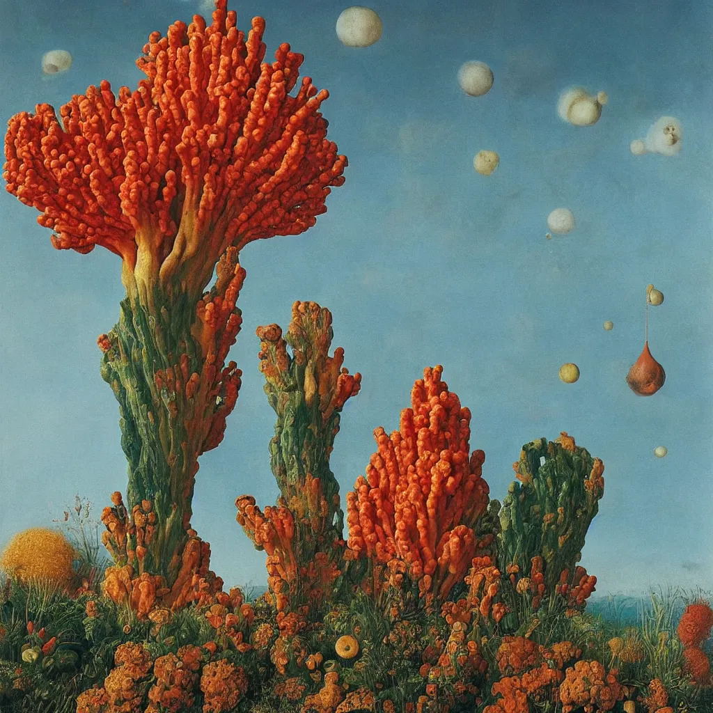 Image similar to a single! colorful! ( coral ) fungus tower clear empty sky, a high contrast!! ultradetailed photorealistic painting by jan van eyck, audubon, rene magritte, agnes pelton, max ernst, walton ford, andreas achenbach, ernst haeckel, hard lighting, masterpiece