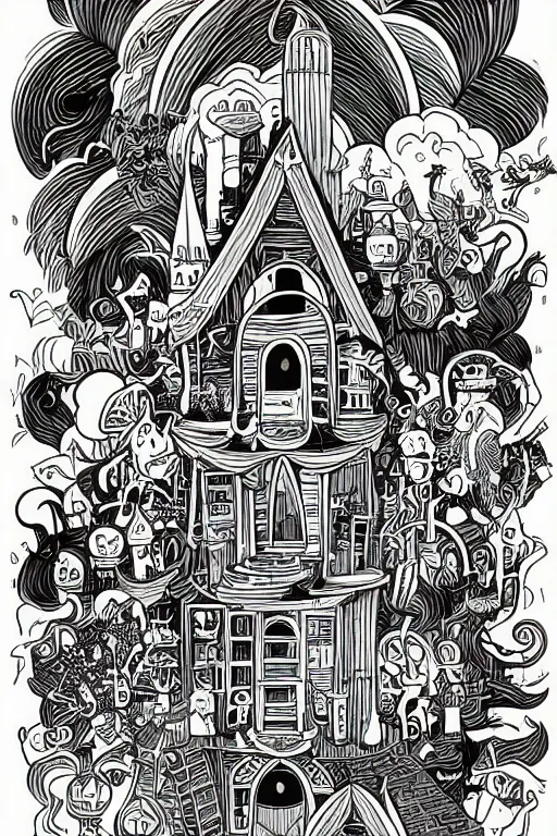 Prompt: mcbess illustration of a magical, mystical wizards house full of potions, rainbow gouache