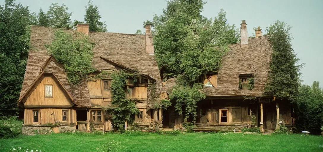 Image similar to house in carpathian vernacular style. outdoor landscaping designed by frederick law olmsted. fujinon premista 1 9 - 4 5 mm t 2. 9. portra 8 0 0.