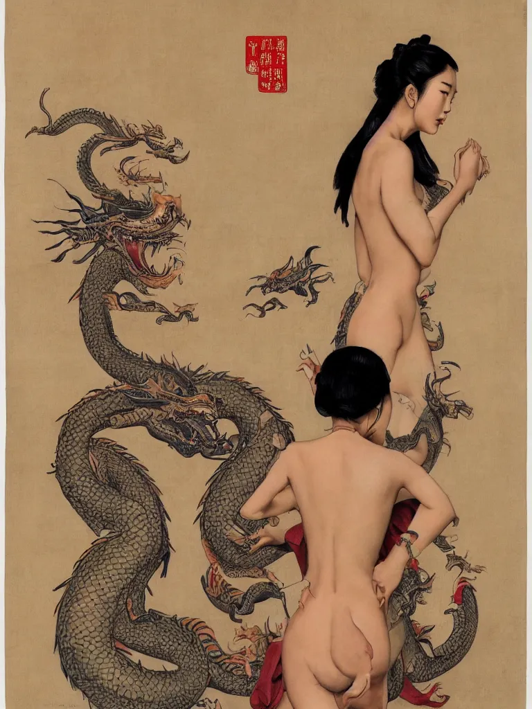 Prompt: a full figure Portrait of a beautiful Chinese girl with a tattoo of a dragon on her back standing in a temple by Norman Rockwell