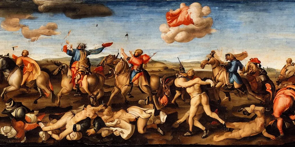 Image similar to renaissance-style painting of soldiers riding orcas on a battlefield in Italy, very dramatic atmosphere