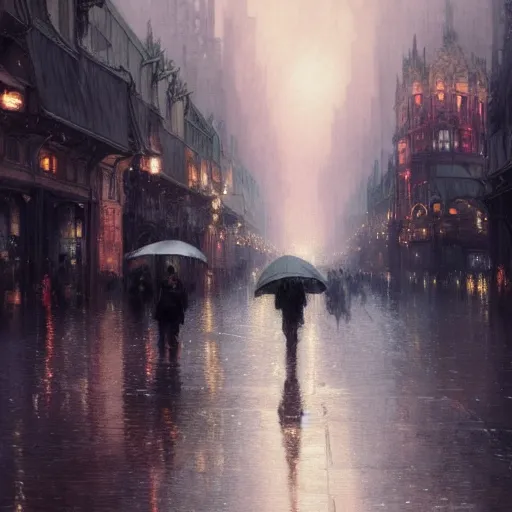 Image similar to a beautifull intricate city, wet sidewalk, peoples, reflexions, raindrops, high details by william turner art, greg rutkowski and alphonse mucha, trending on artstation, very very detailed, masterpiece,