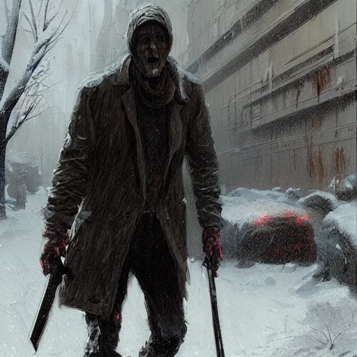 Image similar to a man walking in the snow in zombie apocalypse by greg rutkowski