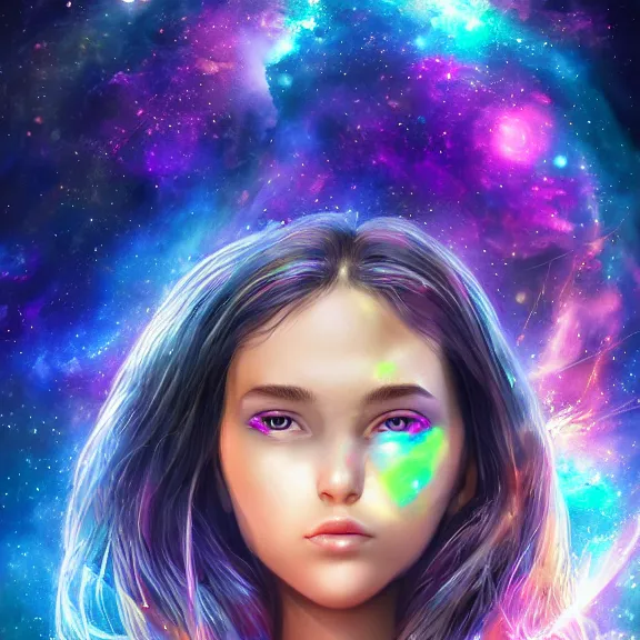 Image similar to highly detailed close up portrait of a celestial girl with a body made of cosmic energy, space background, character art, studio lightning, bright colors, intricate, masterpiece, photorealistic, hiperrealistic, sharp focus, high contrast, Artstation HQ, DeviantArt trending, 4k UHD, Unreal Engine 5