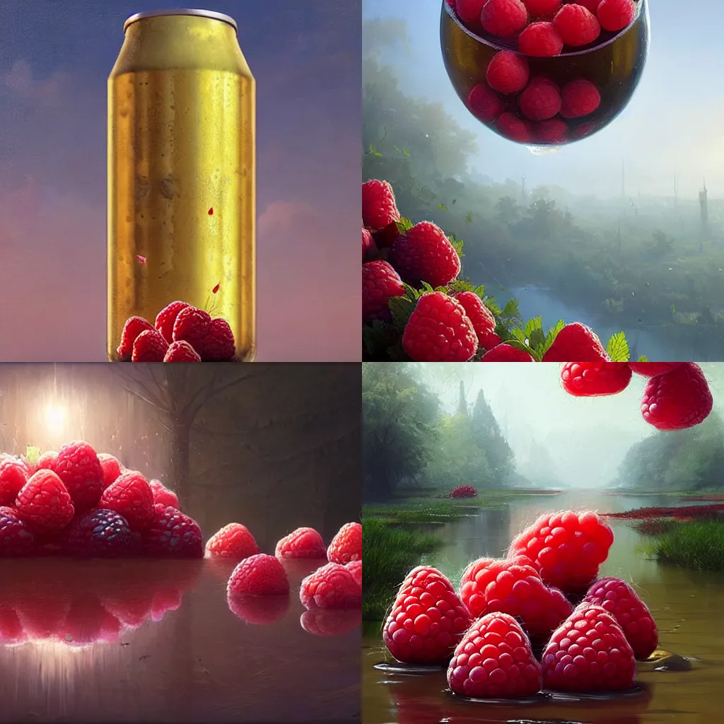 Prompt: a beautiful beer can floating surrounded by big oversized raspberries. a fantasy digital painting by Greg Rutkowski and James Gurney, trending on Artstation, highly detailed, hyperrealistic, realistic, photorealistic, dynamic lighting.