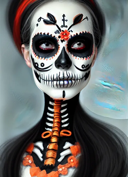 Prompt: halloween beauty portrait of a skeleton woman of death, the makeup on the face. day of the dead. charming and dangerous calavera catrina, trending on artstation, greg rutkowski, john singer sargent, crop top, intricate