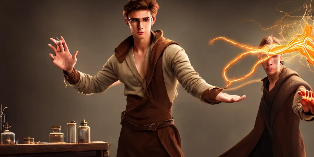 Prompt: action packed scene of a handsome young caucasian male sorcerer with brown hair he is casting a spell that is emanating from his hands he is in a alchemist lab, action pose, medium shot, waist up, digital art, photoreal, 4 k, unreal engine