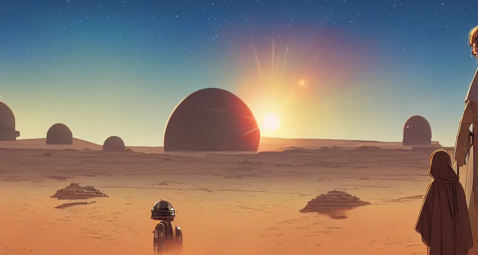 Prompt: beautiful wide shot tatooine landscape, Luke skywalker sunset, dome, Star Wars a new hope 1977, studio ghibli, Miyazaki, Greg rutkowski, Alphonse mucha, Moebius , animation, golden hour, highly detailed, hdr, vivid color, 70mm