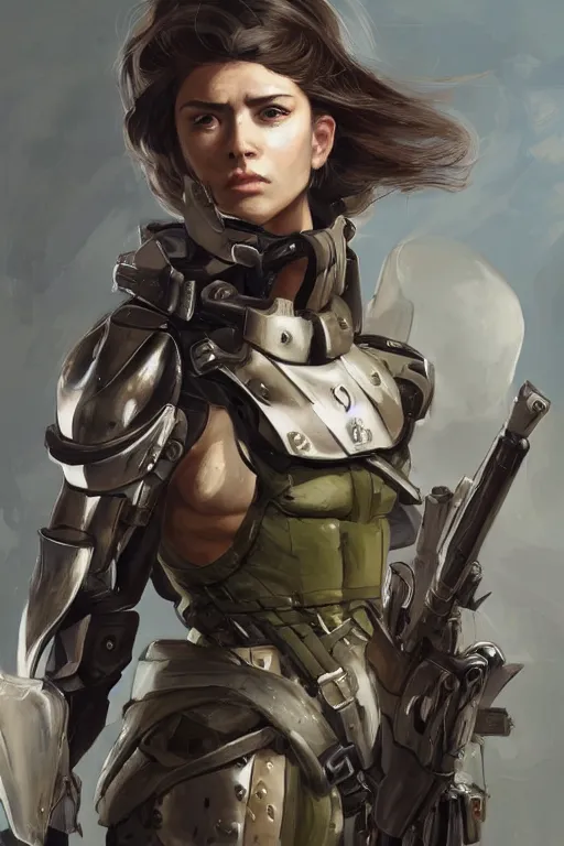 Image similar to a professionally painted portrait of an attractive young woman clothed in military-style battle armor, olive skin, long dark hair, beautiful bone structure, symmetrical facial features, intricate, elegant, heroic, digital painting, concept art, smooth, sharp focus, illustration, finely detailed, from Metal Gear by Ruan Jia and Mandy Jurgens and Artgerm and William-Adolphe Bouguerea, award winning, trending on Artstation