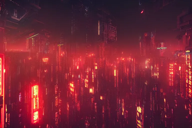 Image similar to dense and detailed dystopian cyberpunk city skyline at night, multicolored neon lights, 8k