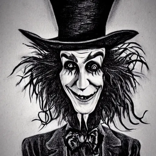 Image similar to horrifying charcoal drawing of the mad-hatter-willie-wonka-babadook