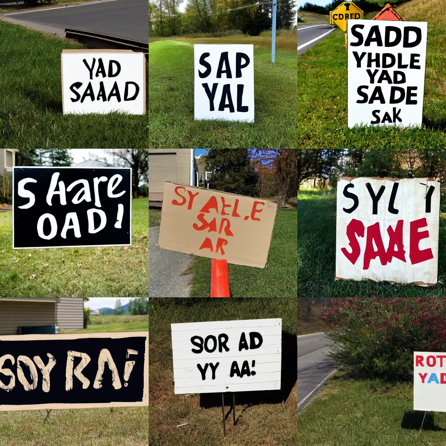 Prompt: cardboard sign on the side of the road with the text yard sale