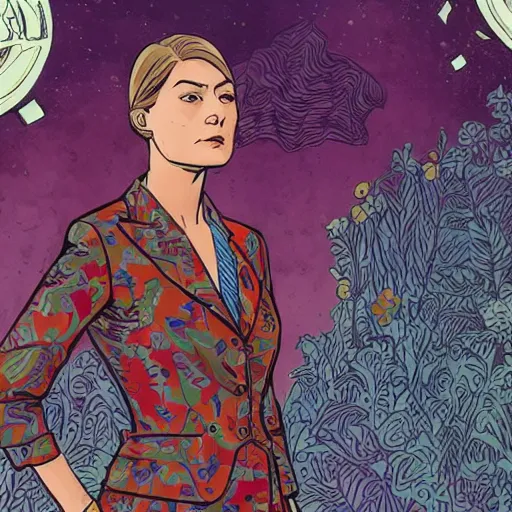 Image similar to rosamund pike with dark - hair as the doctor, wearing a colourful floral pattern three - piece suit, complementary colours, 2 d matte, graphic novel, art by laurie greasley and mike mignola,