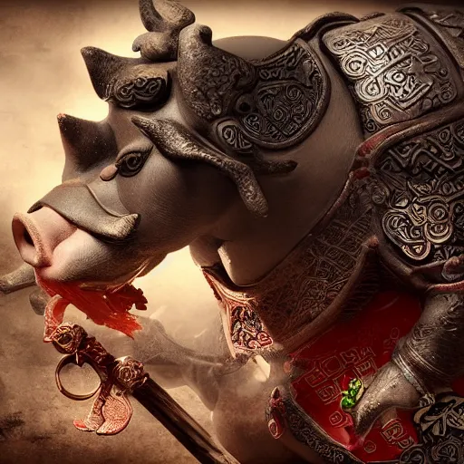 Image similar to The Chinese Zodiac sign of pig warrior, traditional Chinese textures, hyper detail, Unreal engine,Octane render, by Brooke Shaden