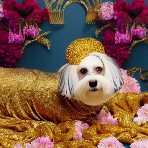 Image similar to a cream - colored havanese dog wearing a slinky metallic dress with ornate midcentury geometric gold headpiece, resting against a small marble pedestal with flowers loosely arranged, sultry look, gold curtain background, magazine photo by david lachapelle