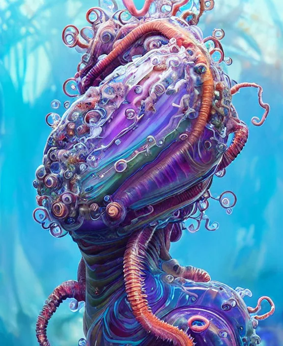 Image similar to intricate colorful transparent portrait of a terrifying beautiful alien sea slug creature, mottled coloring, adorable, childlike, biopunk environment, ultra realistic, concept art, art nouveau, photorealistic, octane render, 8 k, unreal engine. art by christopher marley and artgerm and greg rutkowski and alphonse mucha