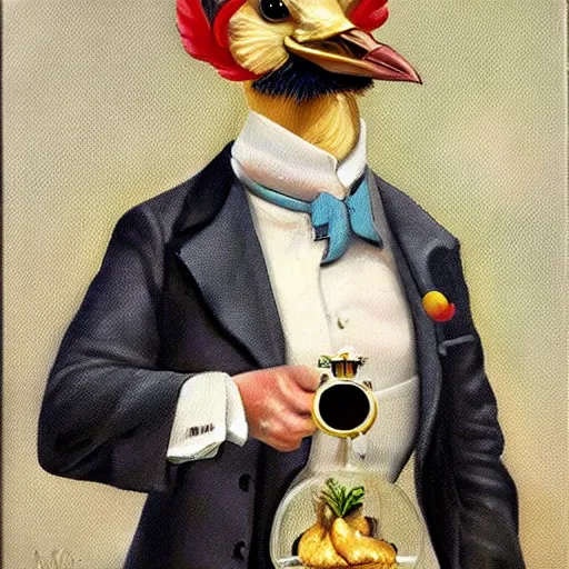 Prompt: a humanoid chicken butler with a fancy mustache and a monocle, highly detail, oil painting , accurate anatomy,