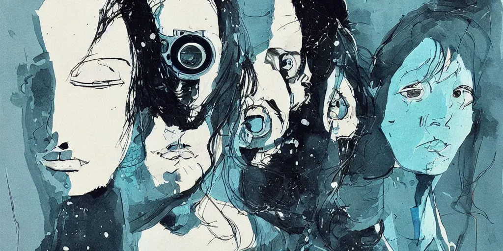 Prompt: cameras with eyes as lenses film a frightened couple embracing by Conrad Roset, sci-fi, 2001, a space odyssey