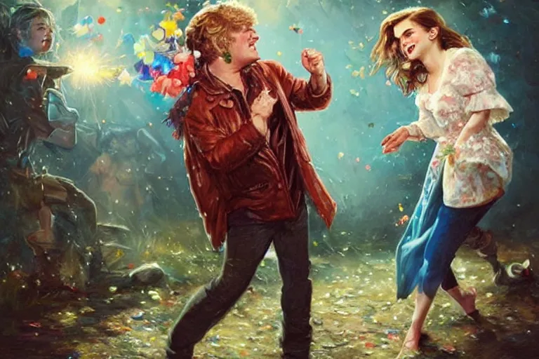 Image similar to portrait of rip taylor throwing confetti at an upset emma watson, an oil painting by ross tran and thomas kincade