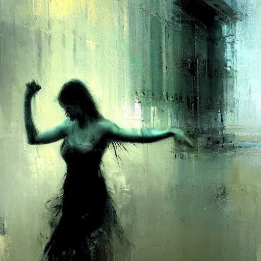 Image similar to painting of a beautiful goddess, dancing in the rain, by Jeremy Mann, detailed, stylized, loose brush strokes, intricate, realistic, exaggerated lighting, sense of scale, free, melancholy