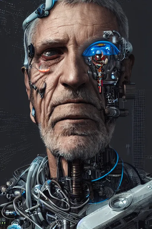 Prompt: Ultra realistic illustration of an old man cyborg, cyberpunk, sci-fi fantasy