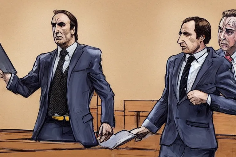 Prompt: A hyper realistic photo Saul Goodman defending Batman in court, cinematic