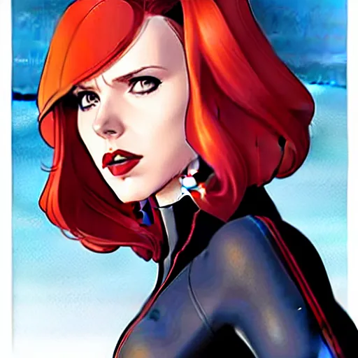 Image similar to phil noto comicbook cover art, black widow marvel, symmetrical eyes, long red hair, full body, city rooftop