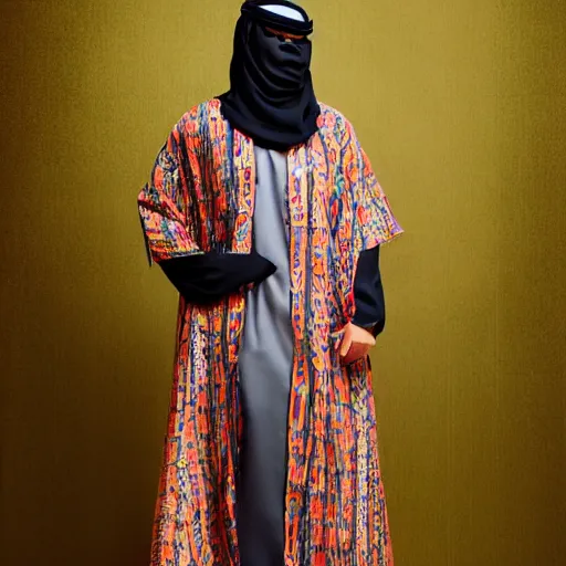 Prompt: a traditional arabic kaftan in a modern way, cyber punk, 2 0 7 7, fashion design, photography