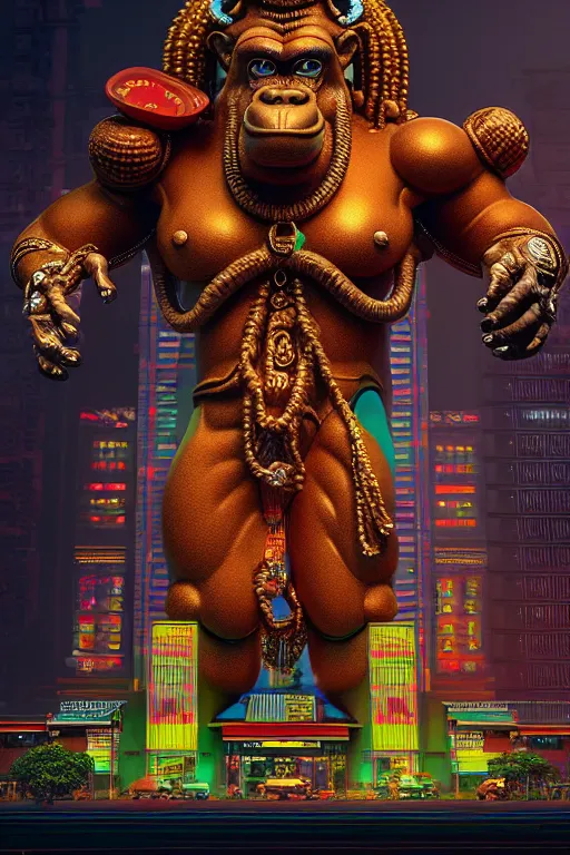 Image similar to high quality 3 d render neo - rococo cyberpunk hanuman! head building, neon madhubani, highly detailed, in sci - fi mumbai, cinematic smooth unreal engine, lee madgwick & liam wong, dramatic light, low angle, uhd 8 k, sharp focus