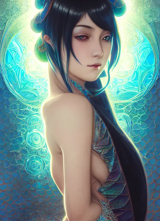 Image similar to symmetry!! portrait of a water dragon woman, very anime, fantasy, dragon scales, glowing lights!! intricate, elegant, highly detailed, digital painting, artstation, concept art, official media, smooth, sharp focus, illustration, art by sakimichan and artgerm and greg rutkowski and alphonse mucha