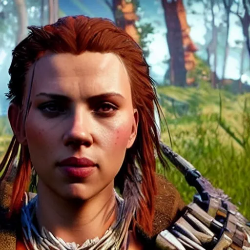 Prompt: scarlett johansson in the video game horizon zero dawn, detailed face, mountain background