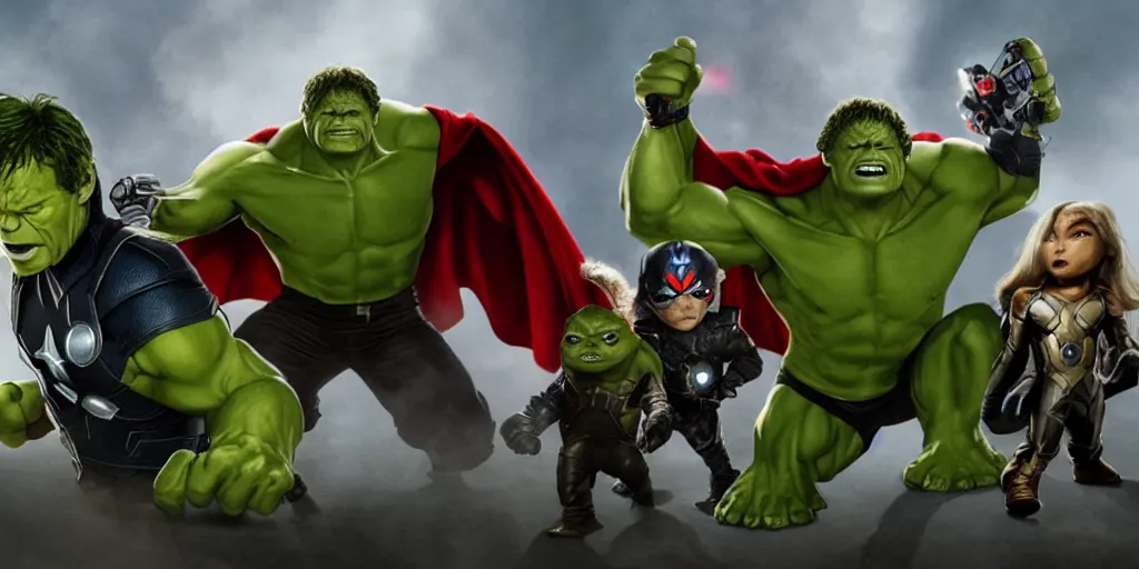 Image similar to The avengers movie, gremlin as thor, gremlin as captain america, gremlin as hulk, gremlin as black widow, trending on Artstation, 8K, ultra wide angle, pincushion lens effect.