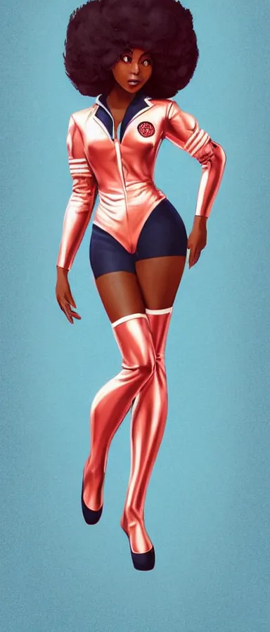 Image similar to full body shot of black woman in an astronaut suit with a celestial afro, pin-up style by Artgerm, realist, trending on artstation