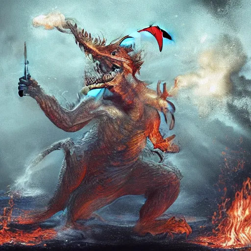 Prompt: ginger man in a discord t-shirt fights a fire breathing dragon in a room filled with dragon eggs, painted, by Seb McKinnon, high fantasy