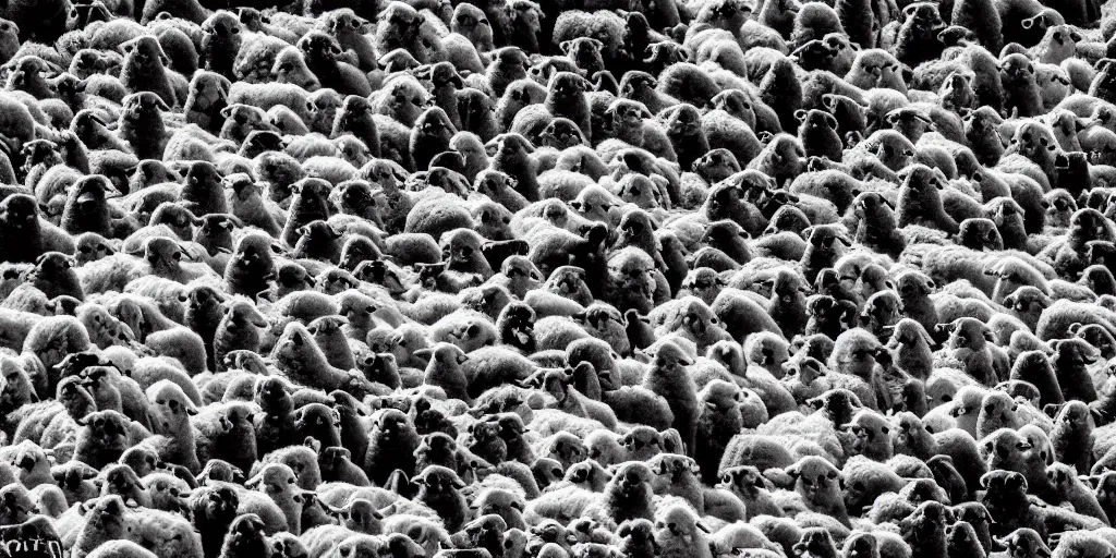 Prompt: two hundred white sheep running fast in the direction of a cliff and we can see them falling like lemmings down the rocks below to the sea and the crashing white waves, there is one single black sheep going against the crowd, old colored sketching, lateral sideways horizon wide shot