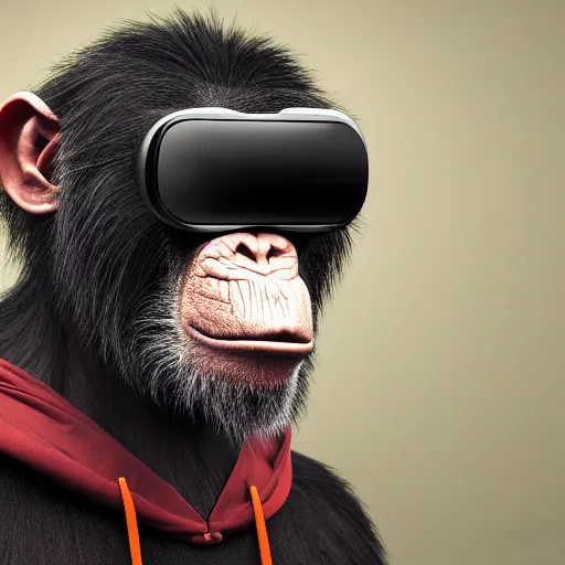 Prompt: a portrait of a chimpanzee wearing a hoodie, and wearing vr googles, smoking a cigarette, hyper realistic, rear lighting, rendered wtih zbrush, ultra - hd, 2 2 megapixels, night light, shot with 7 0 mm dslr camera