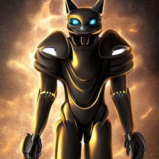 Image similar to humanoid with cat-like features in futuristic space armor with force fields, yellow eyes, teeth that protrude past the lower lip and fine grayish fur on their faces and backs of their hands and carrying weapons, octane,