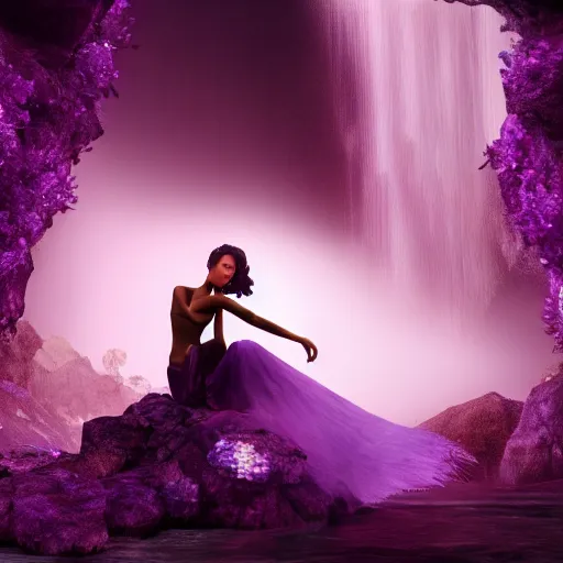 Prompt: a cinematic render of a silhouette of a purple styled fairy surrounded by amethysts, sitting in a mystical waterfall cave, lilac sunrays, matte painting, highly detailed, 8 k