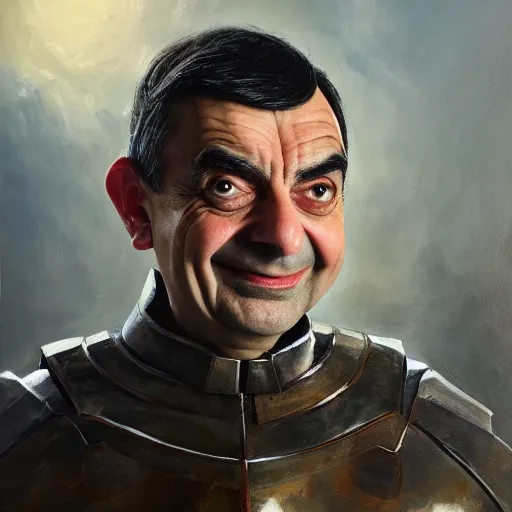 Prompt: an oil painting of mr bean in mjolnir armor, 8k, halo