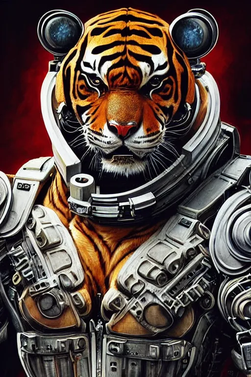 Image similar to a portrait of a muscular anthropomorphic cyberpunk tiger in spacesuit armor with ensignia on chest plate by sandra chevrier, by jon foster, detailed render, post - processing, extremely hyperdetailed, intricate, epic composition, cybernetics, 4 k realistic, cryengine, realistic shaded lighting, sharp focus, masterpiece, by enki bilal