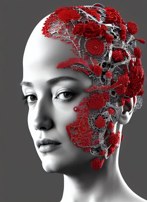 Image similar to complex 3d render ultra detailed of a beautiful porcelain profile young woman face, mechanical cyborg, 150 mm, beautiful studio spotlight, rim light, silver gold red details, fine foliage lace, magnolia big leaves and stems, roots, mesh wire, Alexander Mcqueen haute couture, luxurious, high fashion, mandelbrot fractal, filigran intricate details, hyper realistic, anatomical, facial muscles, cable wires, microchip, elegant, octane render, H.R. Giger style, 8k