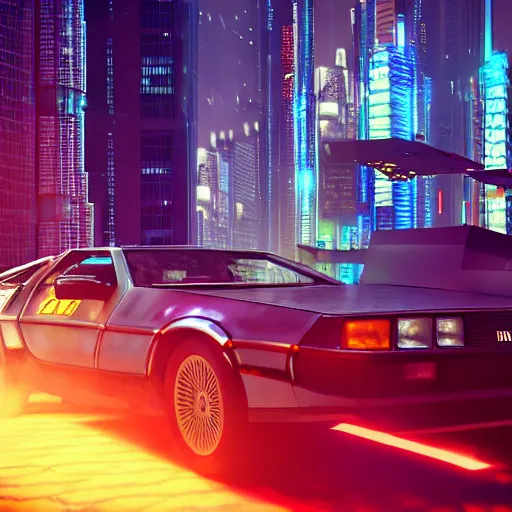 Prompt: delorean in a cyberpunk city with skyscrapers, shot taken from far away, artstation award winner, digital art, volumetric lighting, neon colors, octane render