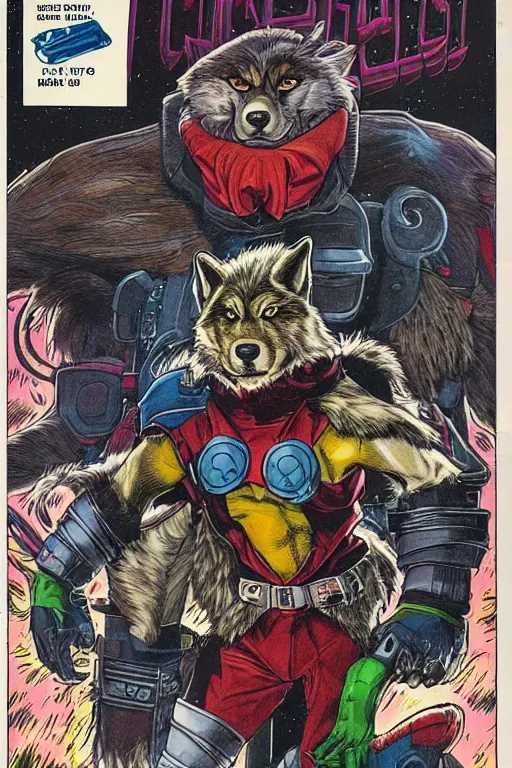 Prompt: 1 9 8 0 s comic book title cover scan, highly detailed professional comic art, featuring a portrait of anthropomorphic dark grey wolf o'donnell from starfox fursona furry wolf, in a dark space mercenary outfit, 8 0 s sci - fi comic art, marvel 8 0 s style