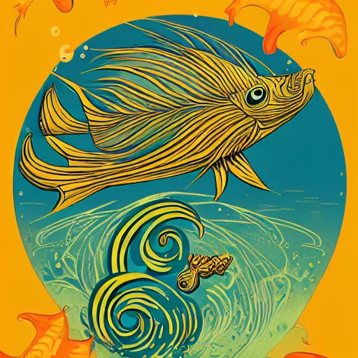 Prompt: a single highly stylized fish in the ocean, viewed in profile, seaweed, background with complex patterns, sparkles, artstation, intricate, highly detailed, digital painting, concept art, sharp focus, illustration by tom whalen and charles williams and kilian eng and james jean