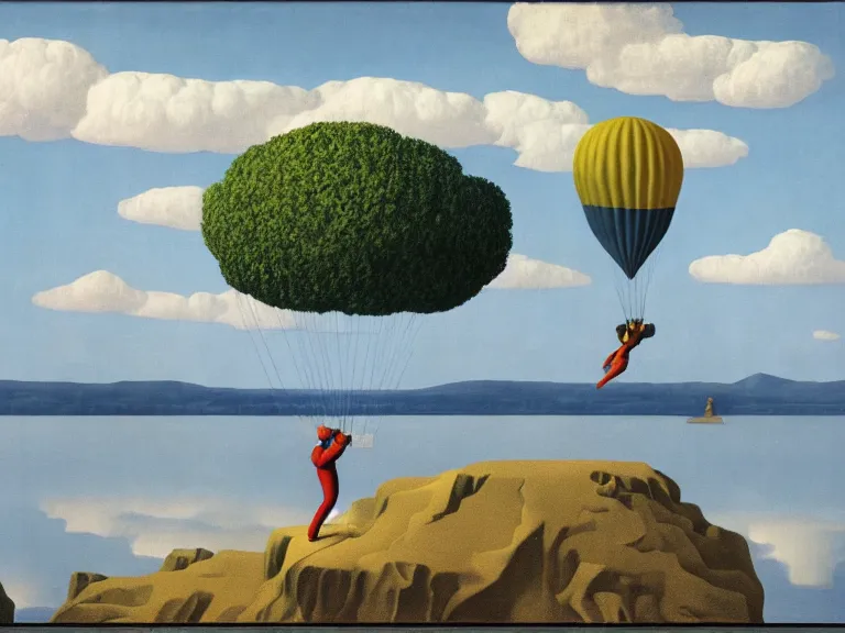 Image similar to man parachuting on a small island in the middle of a big lake painting by rene magritte, high detail, high resolution