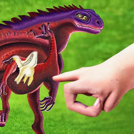 Prompt: a photo of a velociraptor and a horse holding hands, realistic
