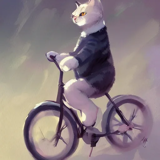 Image similar to Expressive painting of cute cat riding a bicycle, digital art by Krenz Cushart, trending on artstation